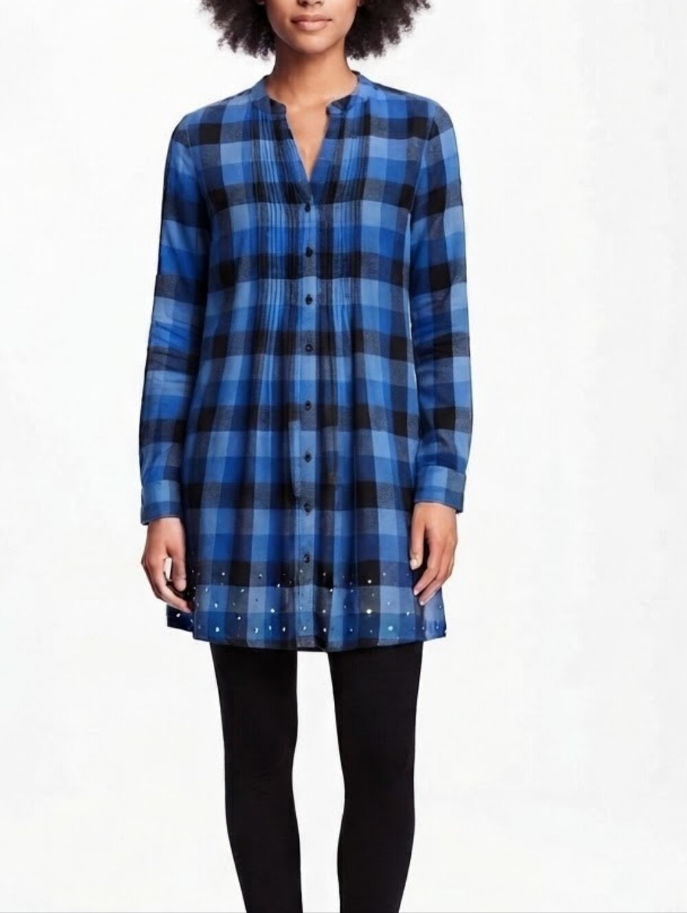 VS PINK Blue Black Plaid Rhinestone Embellished Tunic Dress Shirt L Large